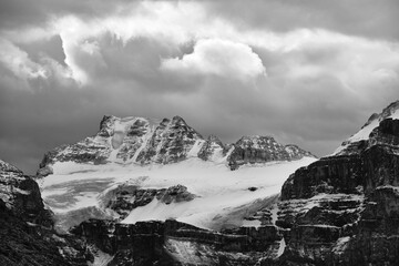 Glacier on the top of montain. Canadian Rockies. Albeta. Banff National Park. Black and white photograph. Canada 