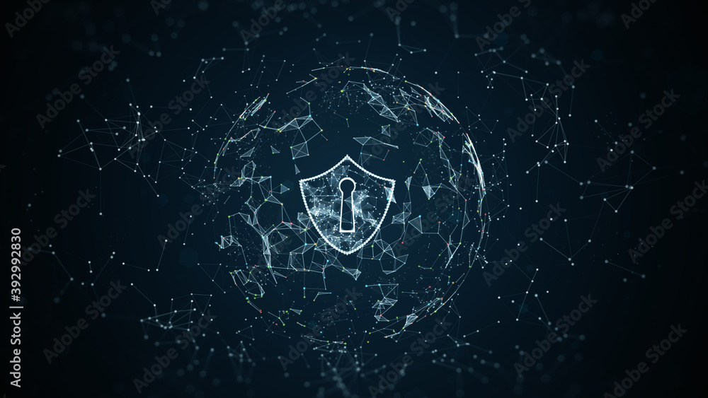 Poster shield icon on secure global network, cyber security and information network protection, future tech