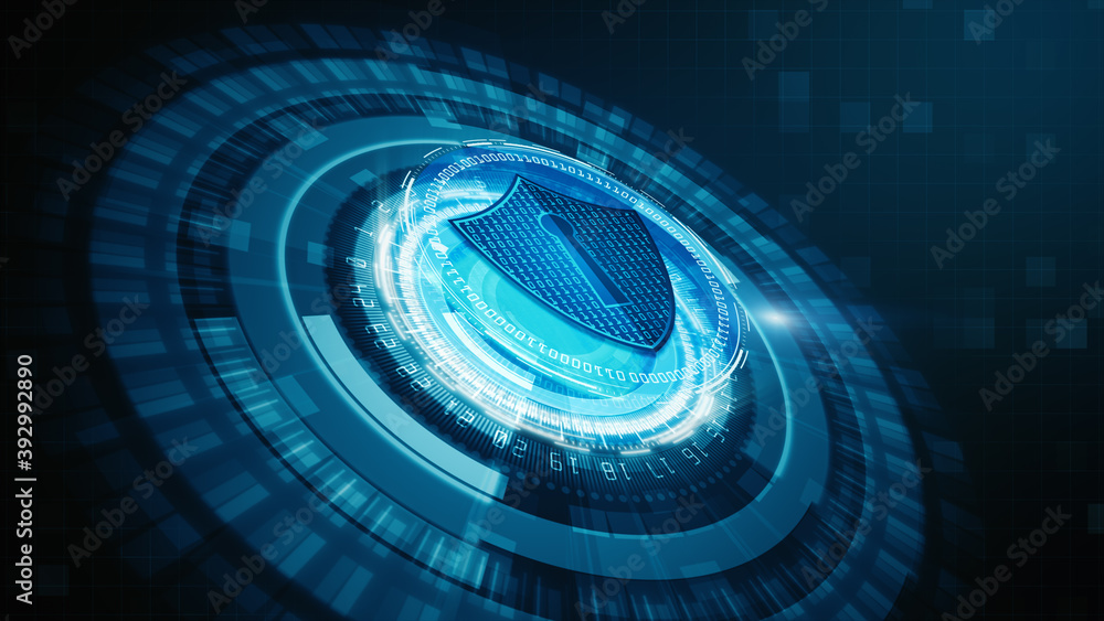 Poster hud and shield icon of cyber security, digital data network protection, future technology network ba
