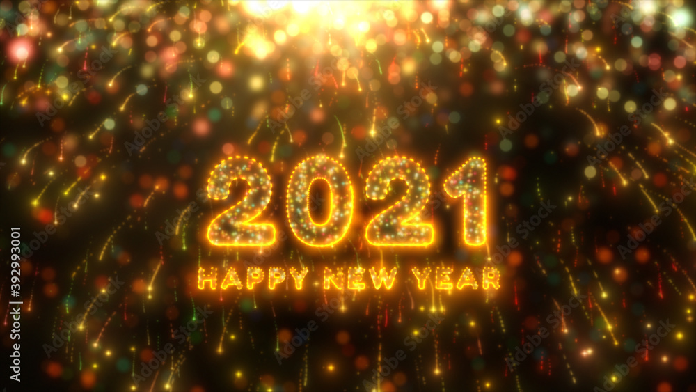 Poster beautiful fireworks and bokeh of 2021 happy new year greeting text with particles and sparks. holida