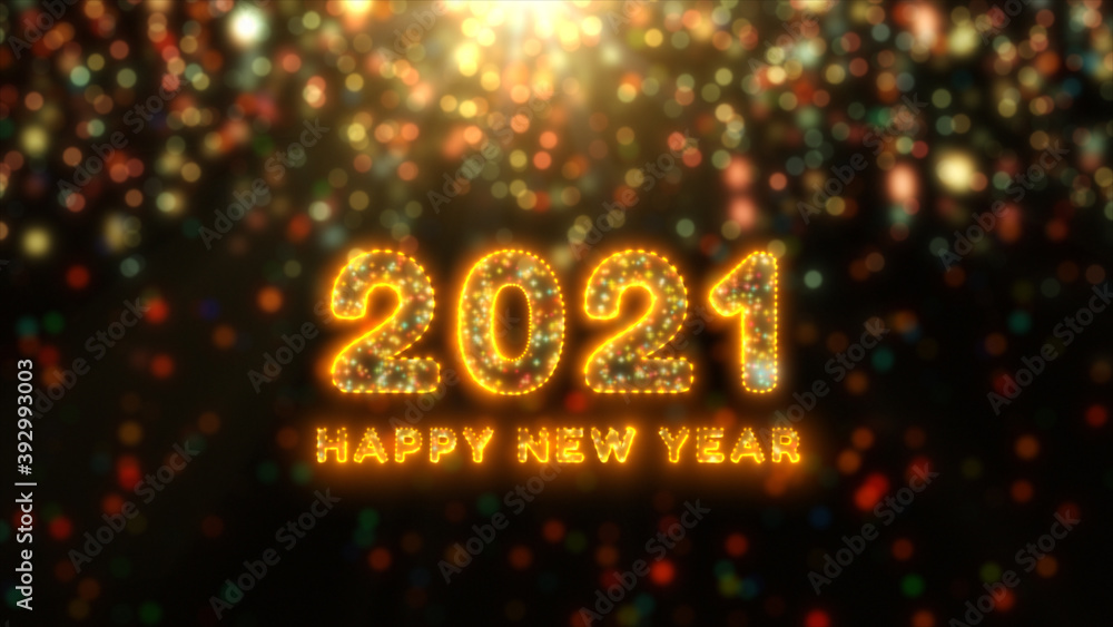 Poster beautiful fireworks and bokeh of 2021 happy new year greeting text with particles and sparks. holida