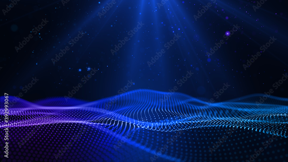 Poster digital blue particles wave flow with dust and bokeh, digital stage floor and lighting for display y