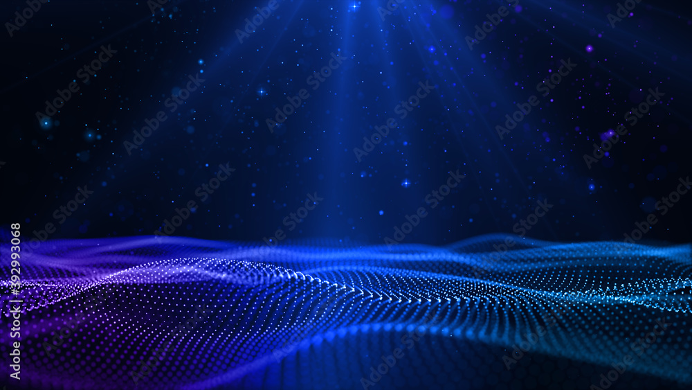 Poster digital blue particles wave flow with dust and bokeh, digital stage floor and lighting for display y