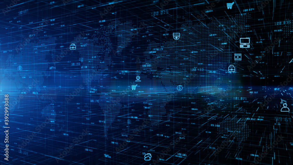 Fototapete Technology Digital Data Network Connection and Cyber Security Concept, Social network connections, Global network 5g high-speed internet connection data analysis abstract background.