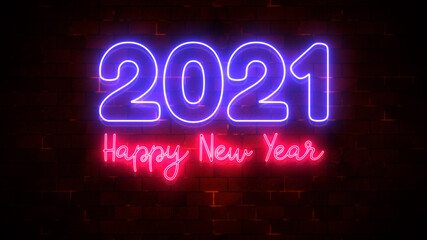 Happy New Year 2021 neon light and particle flow and brick wall decoration, Holiday and celebration background