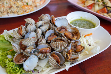 Blood cockles with seafood sauce, Thai dish
