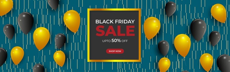 Vector illustration of Black Friday Sale banner, upto 50% off, shop now, offer template for website and UI.