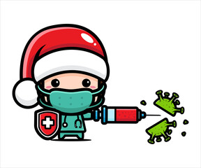 cute doctor santa character wears a mask against the virus using an injection