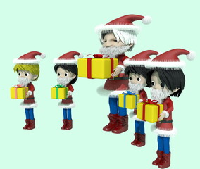 クリスマス・プレゼントを持つサンタクロースと子供たち