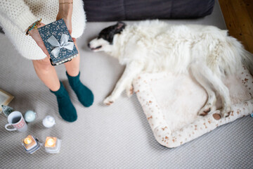 woman at home with dog hygge at Christmas time