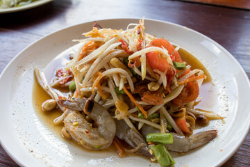 Thai food, green papaya salad with raw shrimps and fermented fish sauce, Som Tam