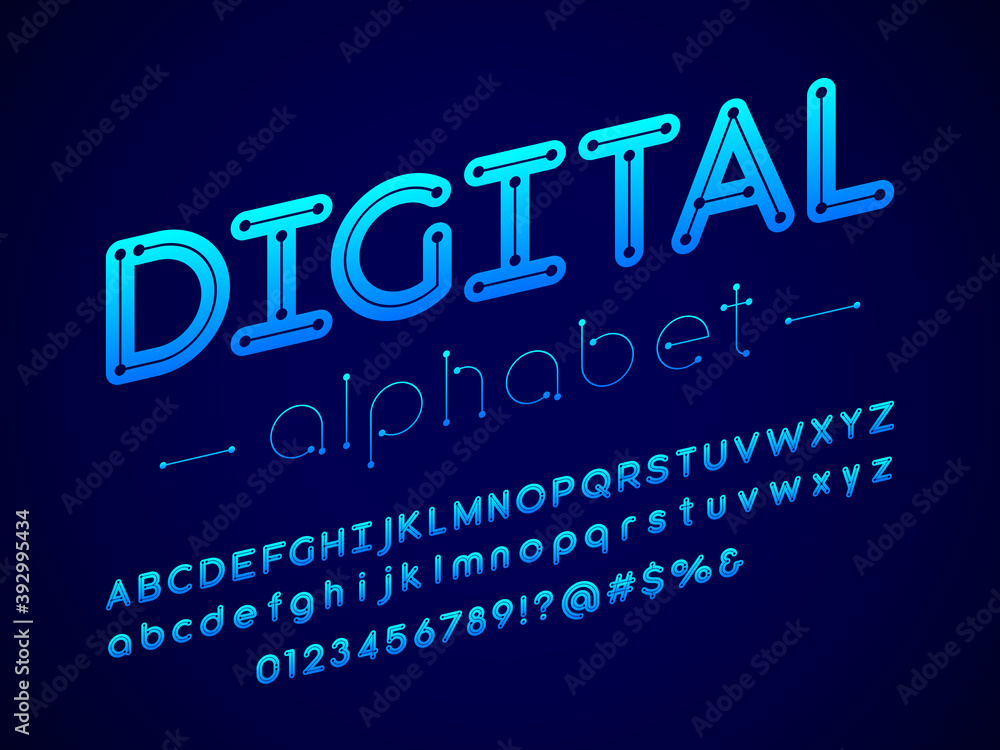 Poster vector of circuit board line dots alphabet design with uppercase, lowercase, numbers and symbols