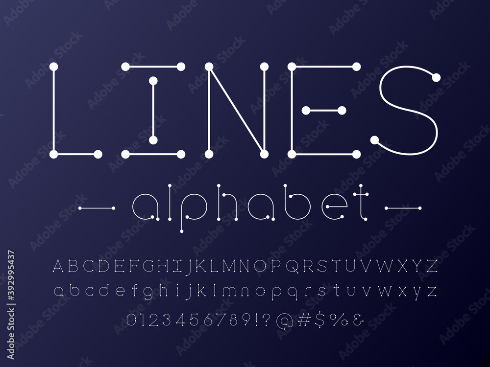 Fototapete vector of circuit board line dots alphabet design with uppercase, lowercase, numbers and symbols