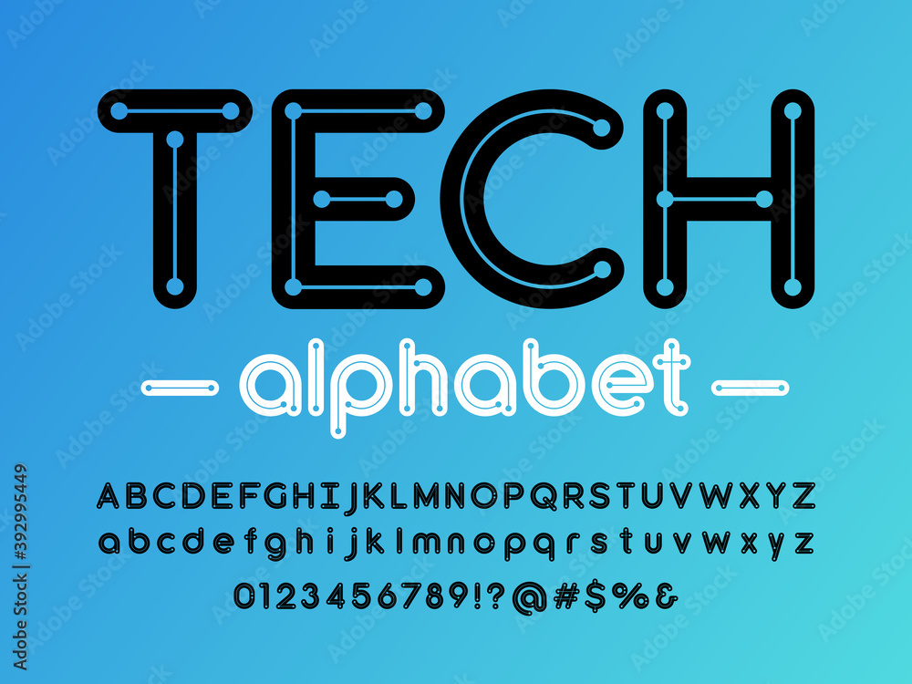 Fototapete vector of circuit board line dots alphabet design with uppercase, lowercase, numbers and symbols