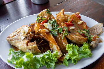 Thai deep fried fish with sweet and sour sauce