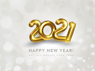 Obraz na płótnie Canvas Happy New Year 2021 greeting card with wish text. Holiday vector illustration of golden metallic numbers 2021 on white background with bokeh. Festive banner design