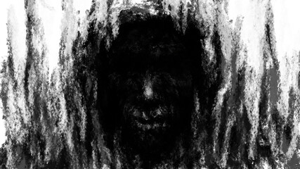 Hellish demon face in hood. Black and white background. Illustration in genre of horror. Spooky nightmares image. Gloomy character concept art. Fantasy drawing for Halloween. Coal and noise effects.