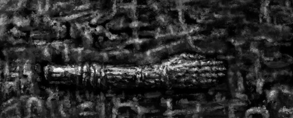 Fototapeta premium Bronze hand on a patterned background. Illustration in horror genre with coal and noise effect. Black and white background colors.