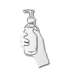 black line hand drawn of hand holding alcohol gel for cleaning on cut paper with shadow isolated on white background