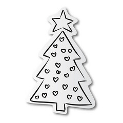 black line hand drawn of pine Christmas tree and star on cut paper with shadow isolated on white background