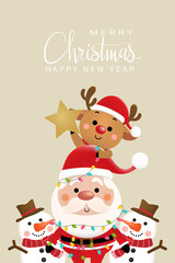 Obraz na płótnie Canvas Merry Christmas and happy new year 2021 greeting card with cute Santa Claus, deer and snowman. Holiday cartoon character in winter season. -Vector.
