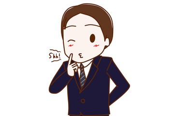 シーッと内緒の指をしてウィンクするスーツ姿の男性