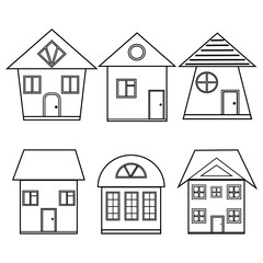 set of houses made with a black outline, a thin line, vector illustration
