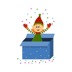 Elf girl jumps out of a gift box and throws candy, color vector isolated illustration in flat style, clipart, design, decoration, sticker, scrapbooking, icon, poster