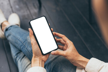 cell phone blank white screen mockup.woman hand holding texting using mobile on desk at office.background empty space for advertise.work people contact marketing business,technology