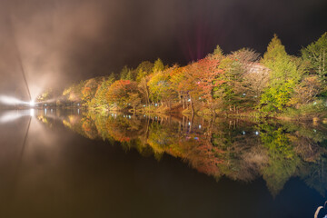 湖に反射した日本のライトアップした紅葉