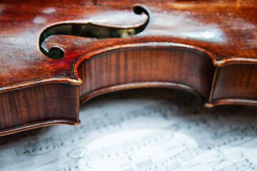 violin viola close-up against the background of the classical score of the orchestra