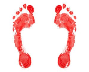 Red human footprint white background isolated closeup, bloody foot print pattern, barefoot footstep silhouette illustration, two bare feet stamp, watercolor paint mark, ink drawn imprint, sign, symbol