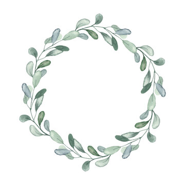 Winter christmas plants, leaves watercolor round wreath