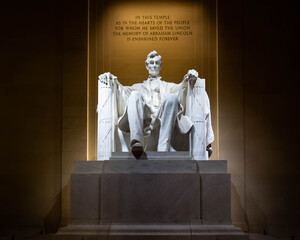 Lincoln Memorial statue with "In This Temple" epitaph. Historic Washington DC monument to unity and civil rights