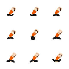 Seated side lean with hands on a head yoga asanas set / Illustration stylized woman practicing butterfly, lotus and other poses with side bend