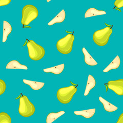 Bright cartoon pears seamless pattern. Fruit on a blue background. Vector illustration.