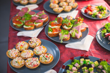 Beautifully decorated catering banquet table with different homemade food snacks and appetizers on corporate birthday party event or wedding celebration, different vegan vegetarian snacks