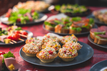 Beautifully decorated catering banquet table with different homemade food snacks and appetizers on corporate birthday party event or wedding celebration, different vegan vegetarian snacks
