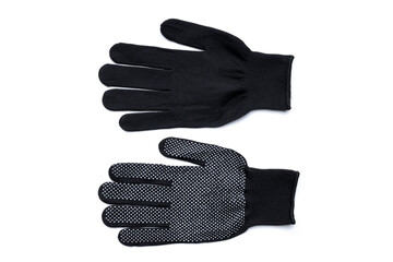 black textile worker gloves isolated on a white background. above view. studio shot. handyman protective equipment