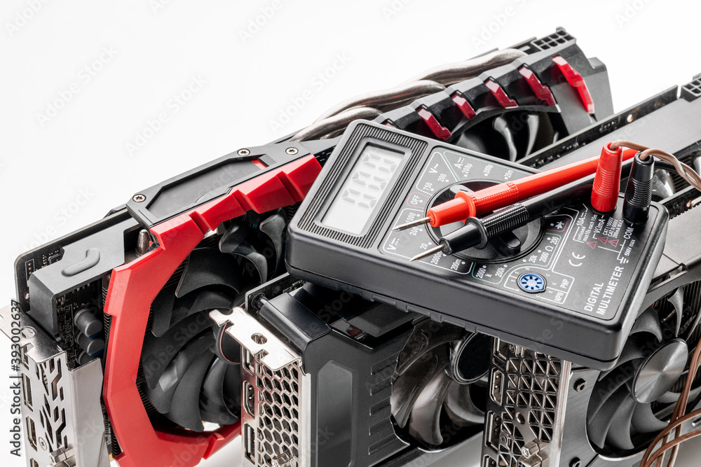 Poster desktop hardware repair concept. tools for repair and variation of modern gpu or graphics cards on a