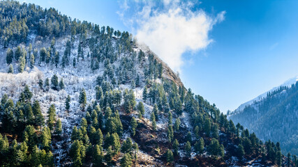 Winter lanscape of Parvati valley with mild snowfall at Himachal Pradesh, Inia