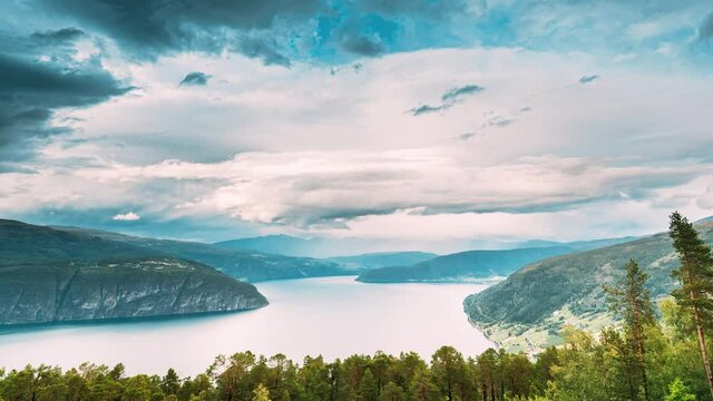 Utvik, Sogn Og Fjordane County, Norway. Norwegian Mountain Lake Landscape. The Innvikfjord Is A Sub-fjord Of Nordfjord In The Municipality Of Stryn In Sogn Og Fjordane. Time-lapse 4k