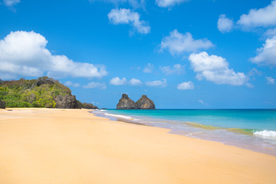 Beautiful view of Boldro, American and Cacimba do Padre Beaches with Two Brothers Hill (Morro Dois Irmaos) in the brackground - Fernando de Noronha Island, Brazil