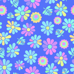 Fototapeta na wymiar Seamless repeating pattern of pastel coloured flower against a blue background.