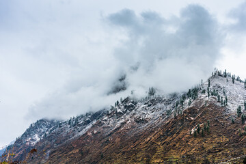 Beautiful winter landscape of Himalayas mountains with snow covered trees in Parvati Valley, Himachal Pradesh.