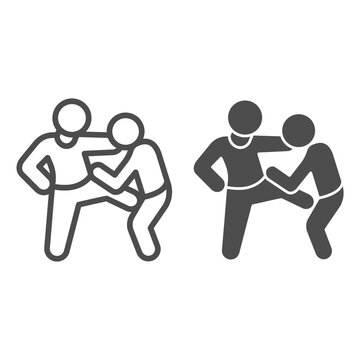 Man Defending Herself From Bandit Line And Solid Icon, Self Defense Concept, Boy Beats Man In Groin Sign On White Background, Criminal Attacks Guy Icon In Outline Style. Vector Graphics.