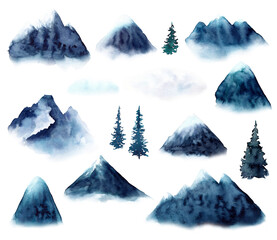 Set with blue mountains in fog, clouds, pinetrees. Watercolor illustration isolated on white background.