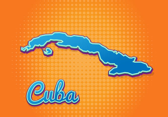 Retro map of Cuba with halftone background. Cartoon map icon in comic book and pop art style. Cartography business concept. Great for kids design,educational game,magnet or poster design.