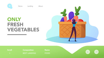 Young Tiny Female Character Stand at Huge Basket with Vegetables Landing Page Template. Vegan Food, Healthy Lifestyle