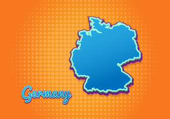 Retro map of germany with halftone background. Cartoon map icon in comic book and pop art style. Cartography business concept. Great for kids design,educational game,magnet or poster design.